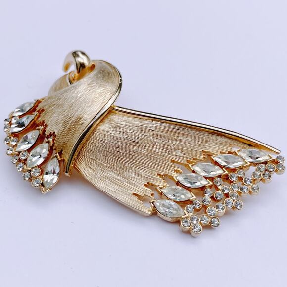VTG Signed JJ Brooch 1960s Marquise Rhinestone Mid Century Gold Tone Pin - Picture 4 of 12